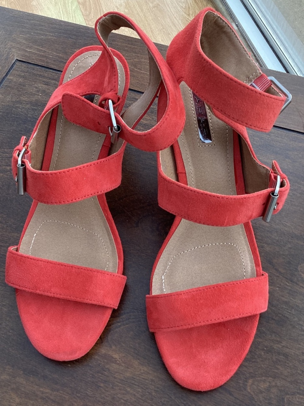 Tahari Fiona Coral Red Suede Cork Wedge Sandal NWOT 8.5